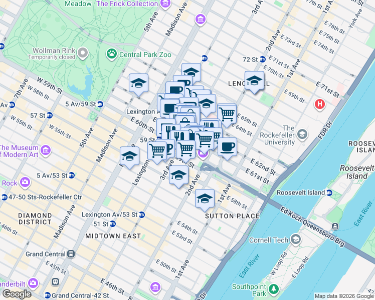 map of restaurants, bars, coffee shops, grocery stores, and more near East 60th Street in New York