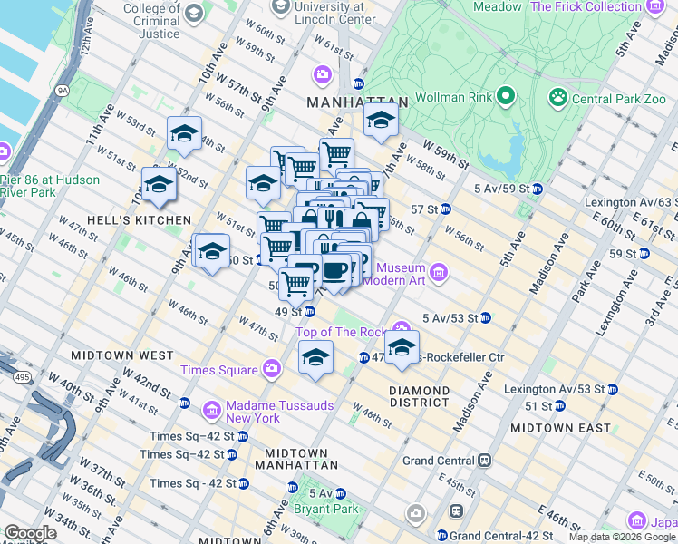 map of restaurants, bars, coffee shops, grocery stores, and more near 787 7th Avenue in New York