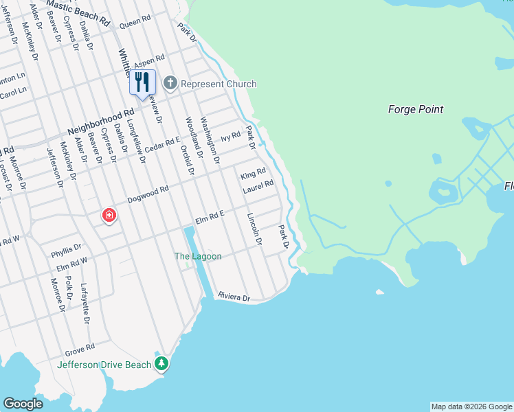 map of restaurants, bars, coffee shops, grocery stores, and more near 81 Lincoln Drive in Mastic Beach