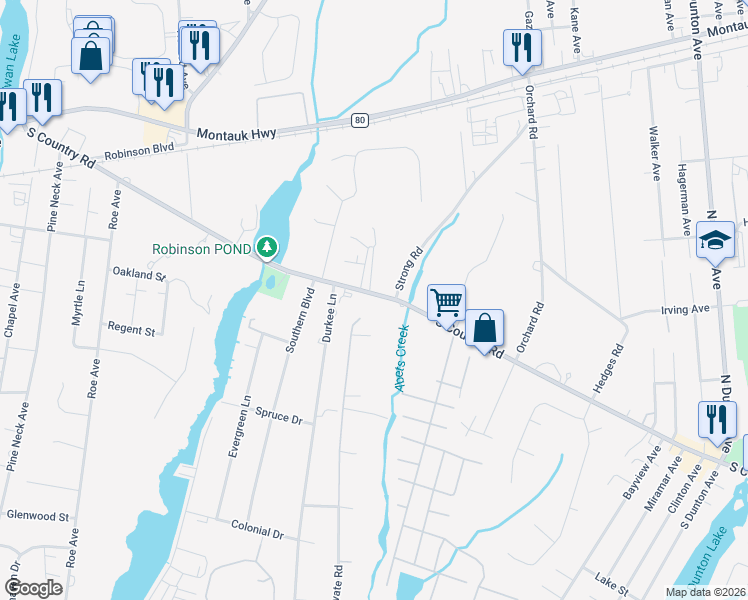 map of restaurants, bars, coffee shops, grocery stores, and more near 367 South Country Road in East Patchogue