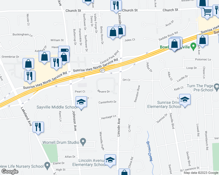 map of restaurants, bars, coffee shops, grocery stores, and more near 36 Revere Drive in Sayville