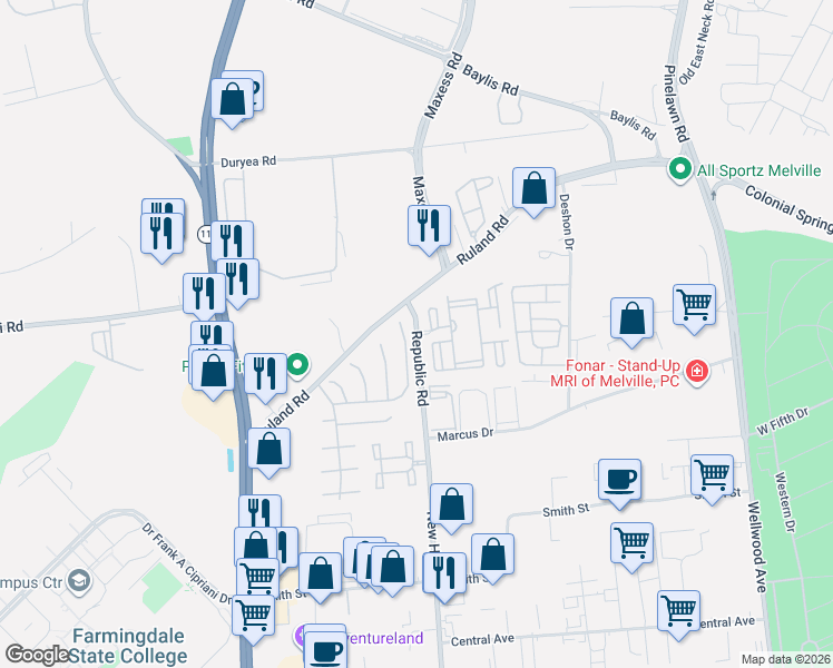 map of restaurants, bars, coffee shops, grocery stores, and more near 208 Cranberry Court in Melville