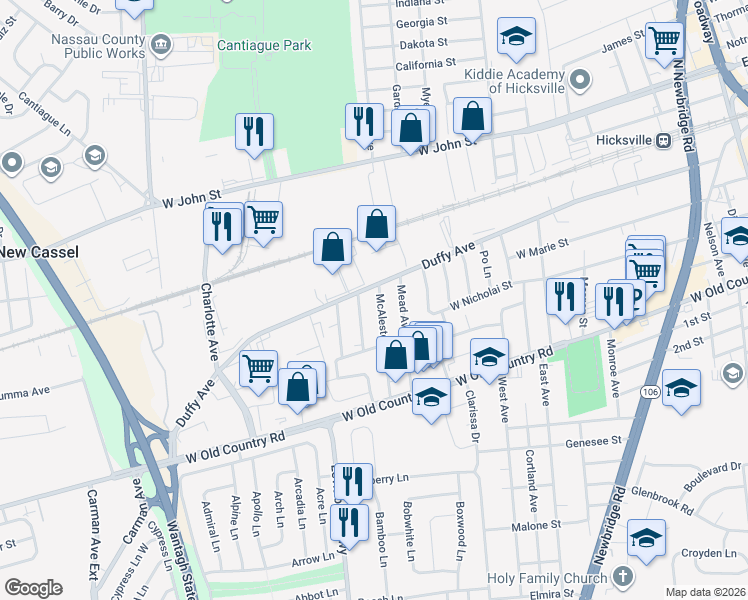 map of restaurants, bars, coffee shops, grocery stores, and more near 29 McAlester Avenue in Hicksville
