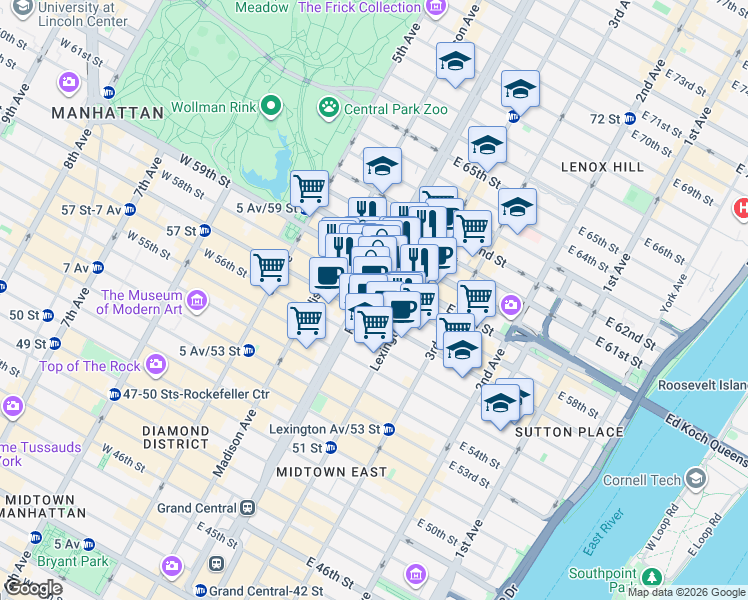 map of restaurants, bars, coffee shops, grocery stores, and more near 110 East 59th Street in New York
