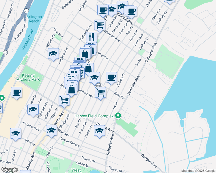 map of restaurants, bars, coffee shops, grocery stores, and more near 273 Davis Avenue in Kearny