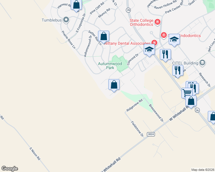 map of restaurants, bars, coffee shops, grocery stores, and more near 2297-3299 Fairfield Cir in State College