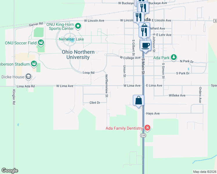 map of restaurants, bars, coffee shops, grocery stores, and more near 907 Northernview Street in Ada