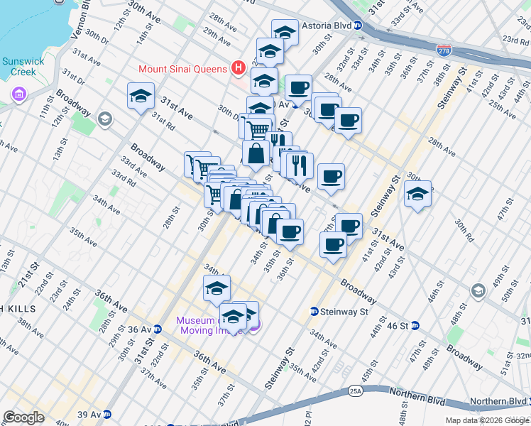 map of restaurants, bars, coffee shops, grocery stores, and more near 31-66 33rd Street in Queens
