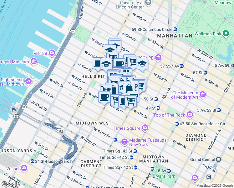 map of restaurants, bars, coffee shops, grocery stores, and more near 355 West 49th Street in New York