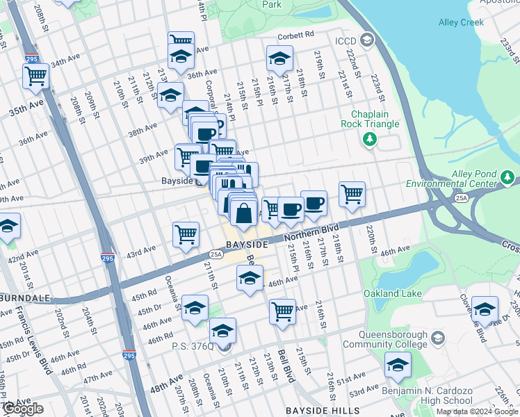 map of restaurants, bars, coffee shops, grocery stores, and more near 214-43 43rd Avenue in Queens