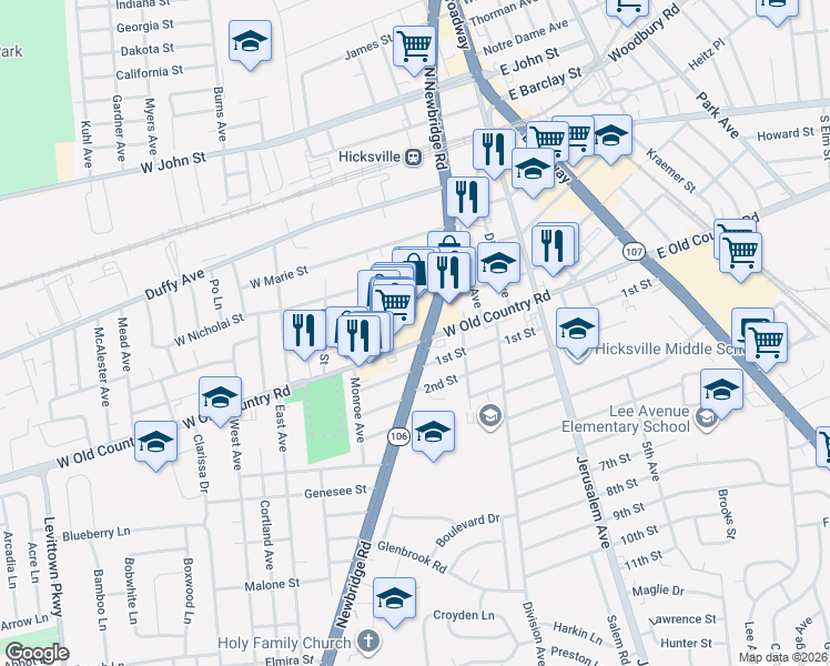 map of restaurants, bars, coffee shops, grocery stores, and more near 178 West Old Country Road in Hicksville