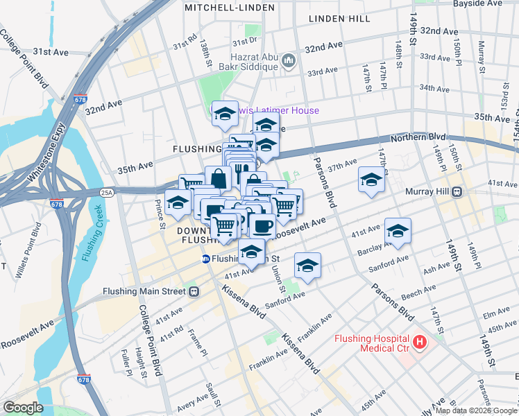 map of restaurants, bars, coffee shops, grocery stores, and more near 37-05 Union Street in Queens