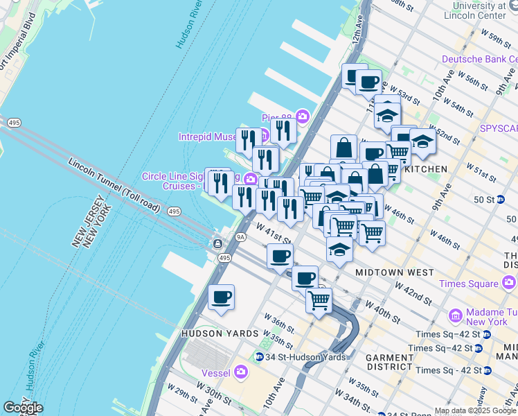 map of restaurants, bars, coffee shops, grocery stores, and more near 2005 Hudson River Greenway in New York