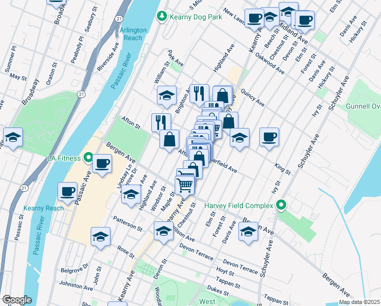 map of restaurants, bars, coffee shops, grocery stores, and more near 299 Maple Street in Kearny
