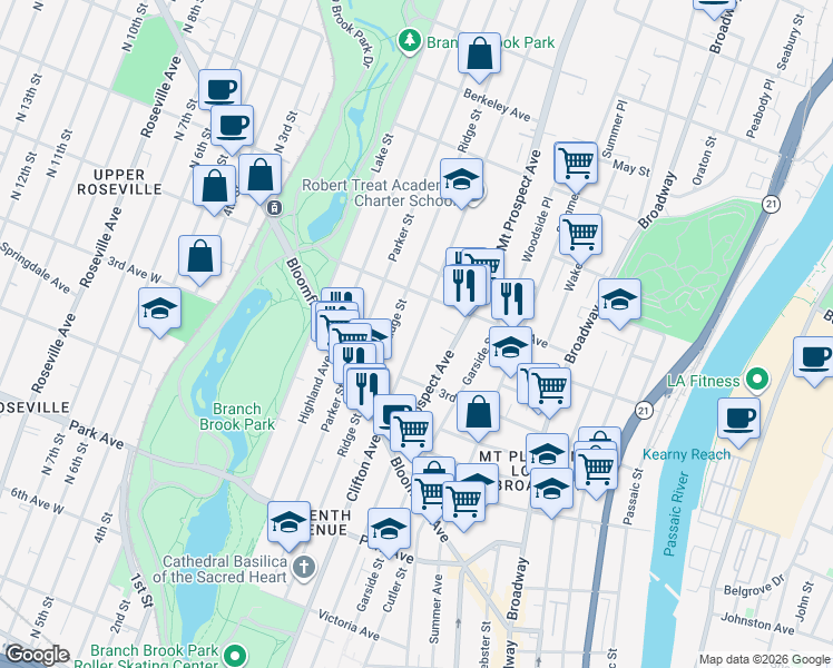 map of restaurants, bars, coffee shops, grocery stores, and more near 363 Clifton Avenue in Newark