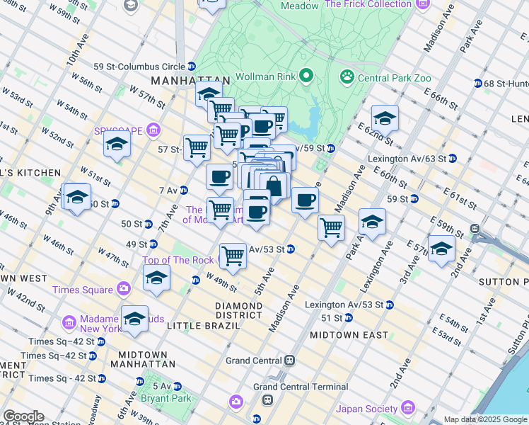 map of restaurants, bars, coffee shops, grocery stores, and more near 48 West 55th Street in New York