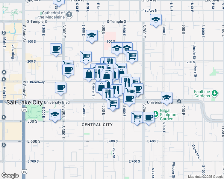 map of restaurants, bars, coffee shops, grocery stores, and more near 343 500 East in Salt Lake City
