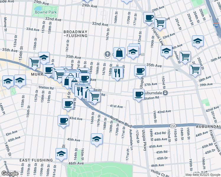 map of restaurants, bars, coffee shops, grocery stores, and more near 36-23 168th Street in Queens