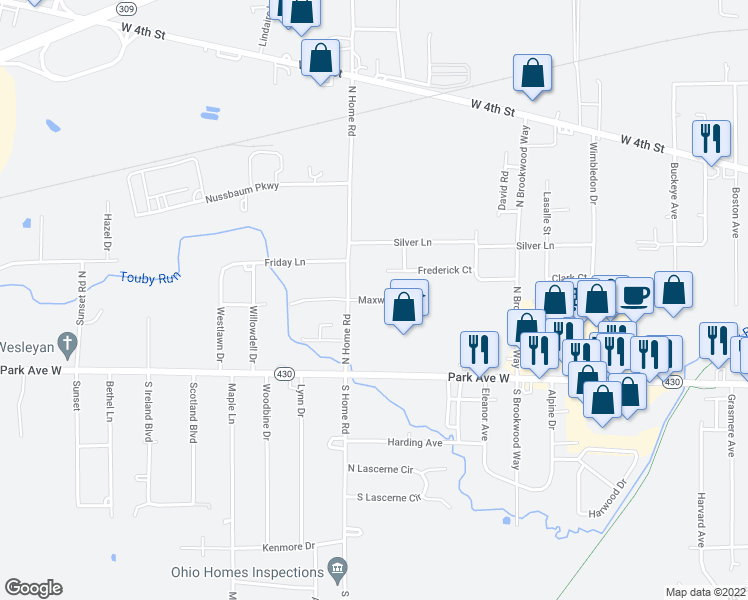 map of restaurants, bars, coffee shops, grocery stores, and more near 1494 Maxwell Drive in Mansfield