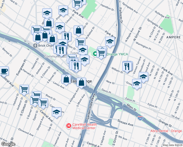 map of restaurants, bars, coffee shops, grocery stores, and more near 46 North Arlington Avenue in East Orange