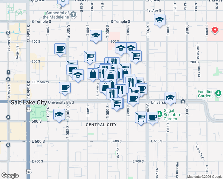 map of restaurants, bars, coffee shops, grocery stores, and more near 343 South 500 East in Salt Lake City