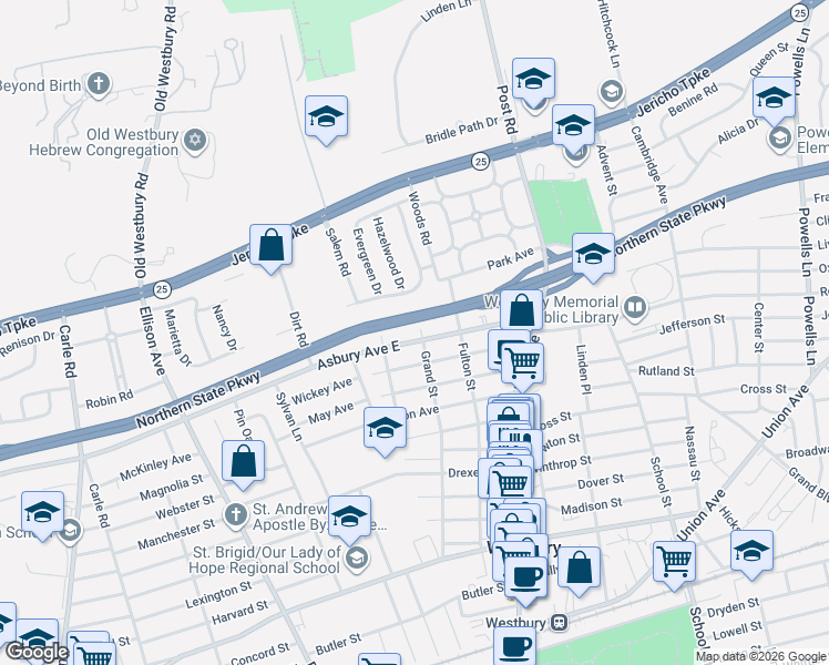 map of restaurants, bars, coffee shops, grocery stores, and more near 1375 Grand Street in Westbury