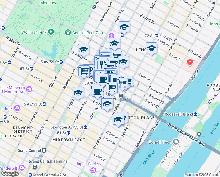 map of restaurants, bars, coffee shops, grocery stores, and more near 200 East 60th Street in New York