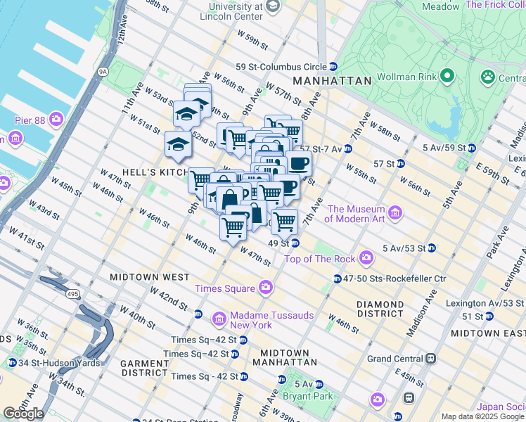 map of restaurants, bars, coffee shops, grocery stores, and more near 250 West 50th Street in New York