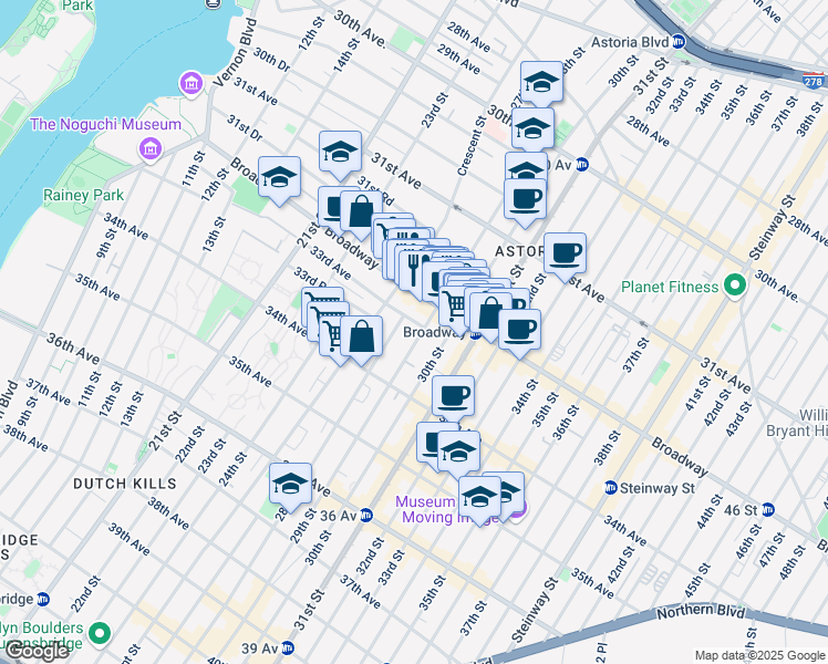 map of restaurants, bars, coffee shops, grocery stores, and more near 32-12 29th Street in Queens