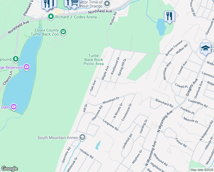 map of restaurants, bars, coffee shops, grocery stores, and more near 60 Maple Avenue in West Orange