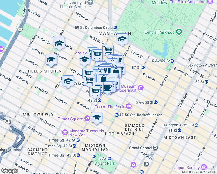 map of restaurants, bars, coffee shops, grocery stores, and more near 787 7th Avenue in New York