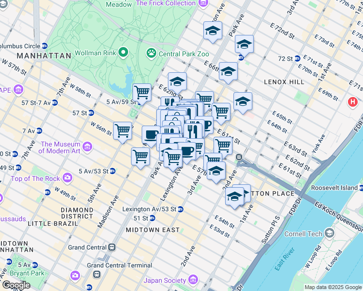 map of restaurants, bars, coffee shops, grocery stores, and more near 127 East 58th Street in New York