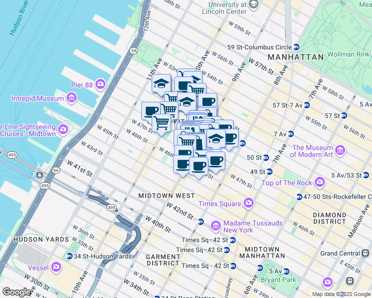 map of restaurants, bars, coffee shops, grocery stores, and more near in New York