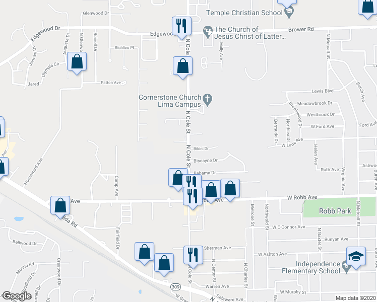 map of restaurants, bars, coffee shops, grocery stores, and more near 1745 North Cole Street in Lima