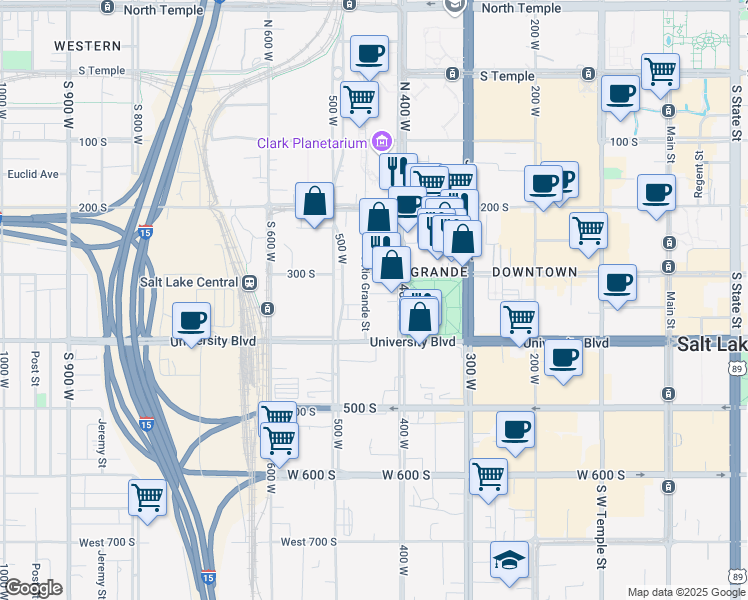 map of restaurants, bars, coffee shops, grocery stores, and more near 423 West 300 South in Salt Lake City