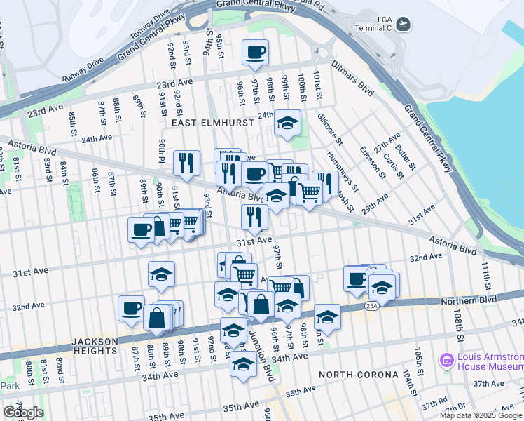 map of restaurants, bars, coffee shops, grocery stores, and more near 95-16 Astoria Boulevard in Queens