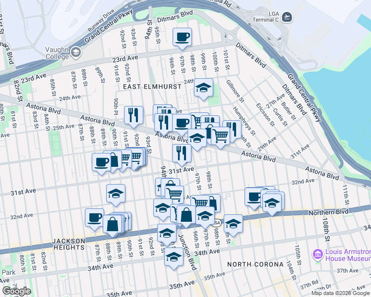 map of restaurants, bars, coffee shops, grocery stores, and more near 95-16 Astoria Boulevard in Queens