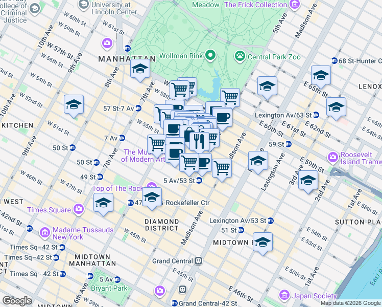 map of restaurants, bars, coffee shops, grocery stores, and more near 18 West 55th Street in New York
