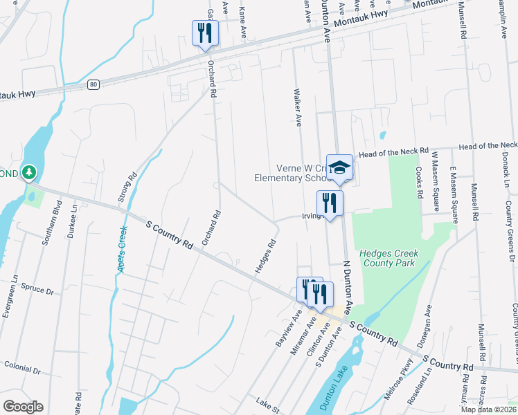 map of restaurants, bars, coffee shops, grocery stores, and more near 42 Hedges Avenue in East Patchogue