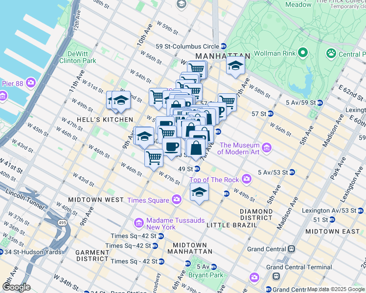 map of restaurants, bars, coffee shops, grocery stores, and more near 235 West 50th Street in New York