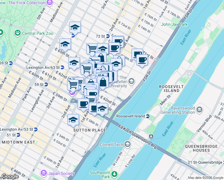 map of restaurants, bars, coffee shops, grocery stores, and more near 403 East 64th Street in New York