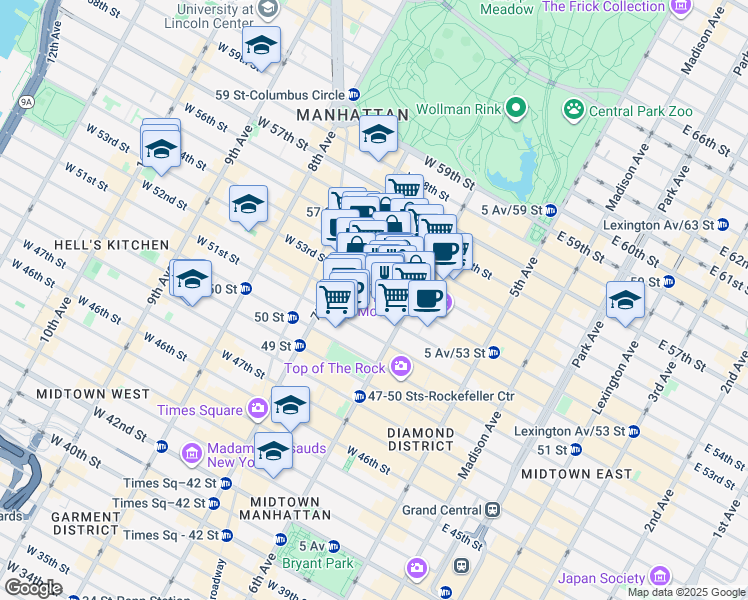 map of restaurants, bars, coffee shops, grocery stores, and more near 1301 6th Avenue in New York