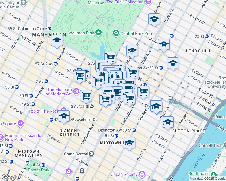 map of restaurants, bars, coffee shops, grocery stores, and more near 585 Madison Avenue in New York