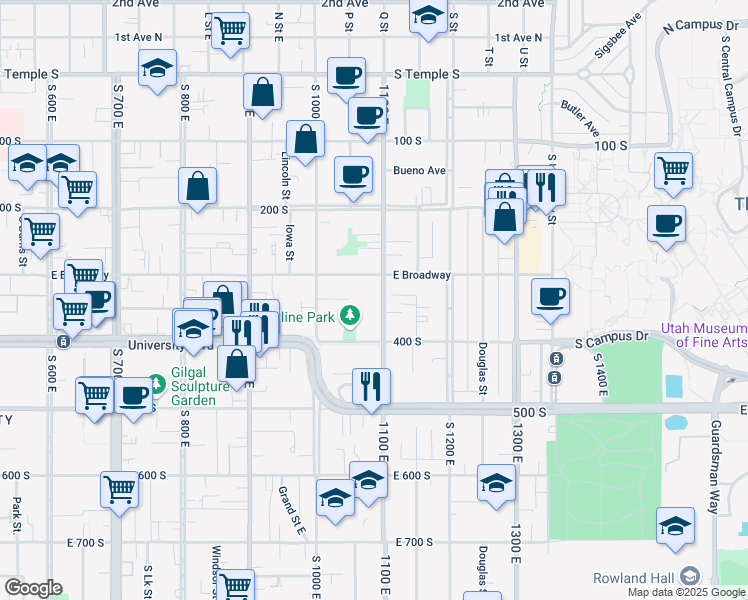 map of restaurants, bars, coffee shops, grocery stores, and more near 1104 East 300 South in Salt Lake City