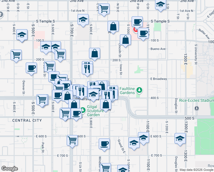 map of restaurants, bars, coffee shops, grocery stores, and more near 302 South 900 East in Salt Lake City