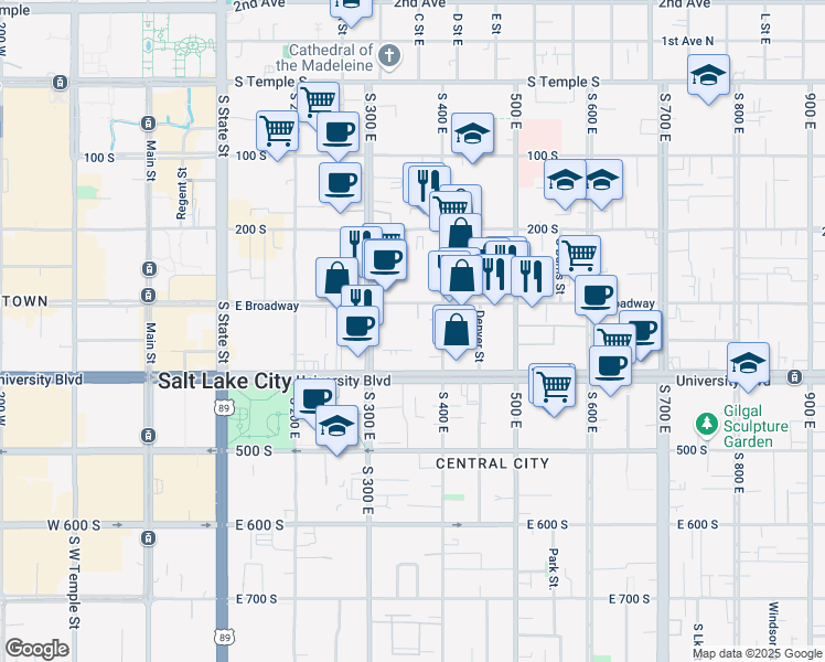 map of restaurants, bars, coffee shops, grocery stores, and more near 360 East Broadway in Salt Lake City