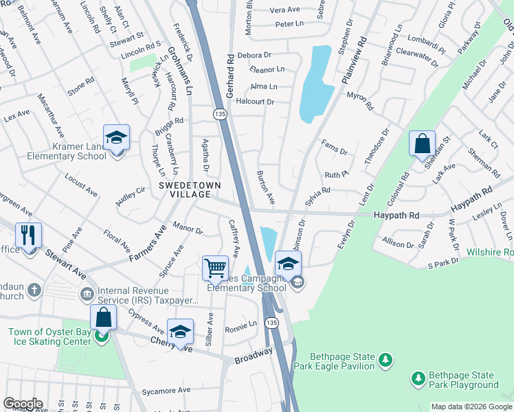 map of restaurants, bars, coffee shops, grocery stores, and more near 174 Gerhard Road in Plainview