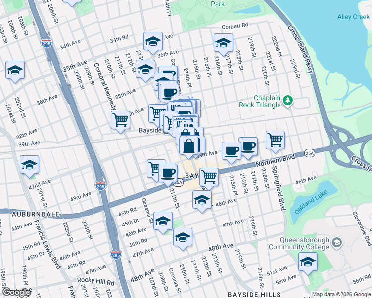 map of restaurants, bars, coffee shops, grocery stores, and more near 42-07 Bell Boulevard in Queens