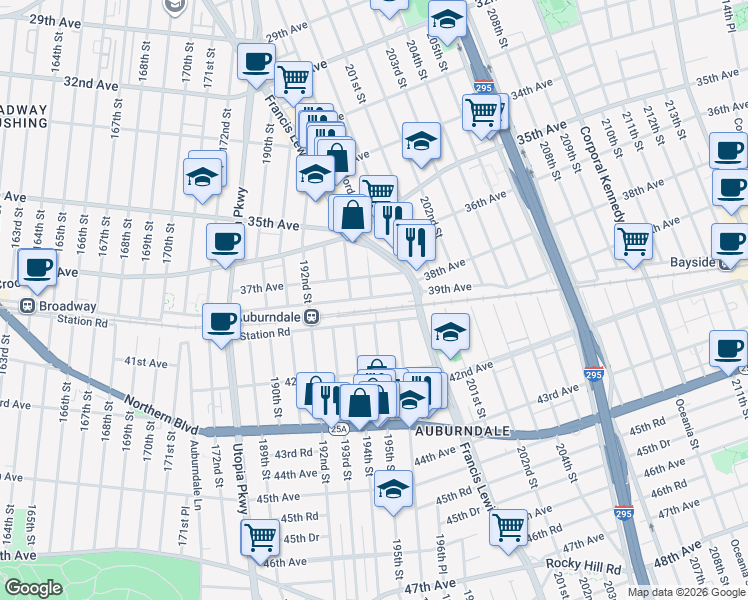 map of restaurants, bars, coffee shops, grocery stores, and more near 195-21 39th Avenue in Queens