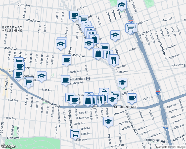 map of restaurants, bars, coffee shops, grocery stores, and more near in Queens